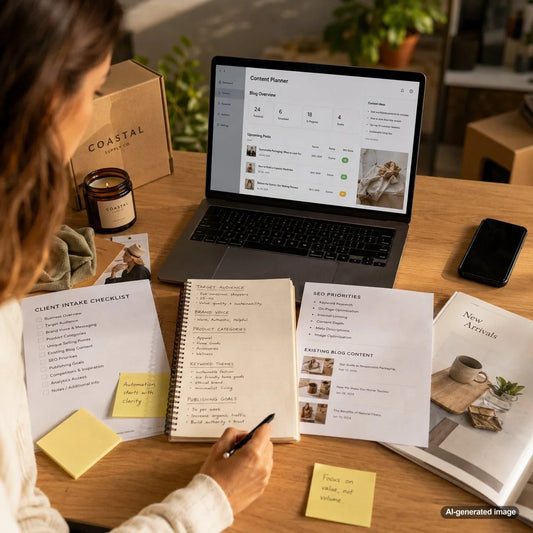 Agency team reviewing client business information, SEO strategy, audience details, and editorial requirements before automating a blog