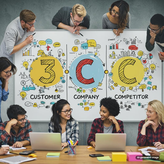 Illustration depicting the 3 C's of marketing: Company, Customer, Competitor