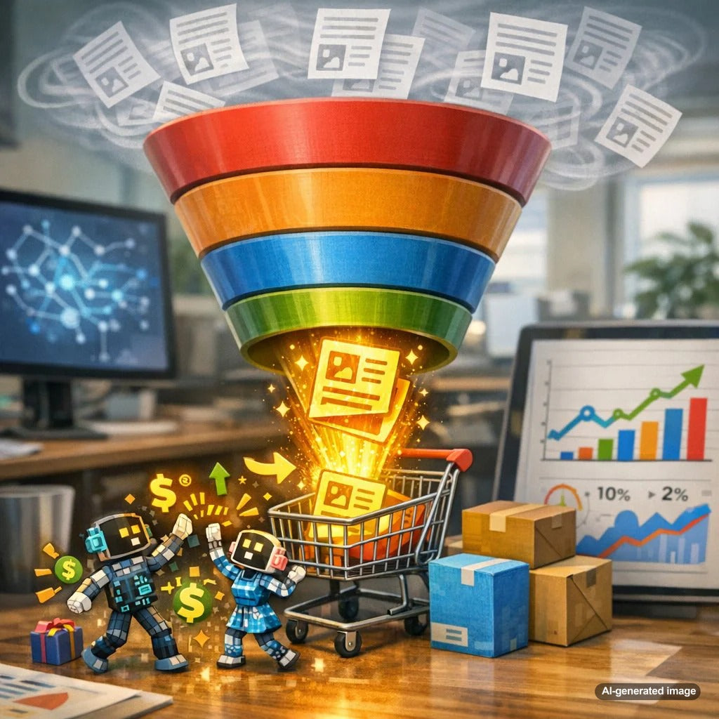 Illustration of a bottom-of-funnel blog post guiding high-intent website visitors toward a confident buying decision