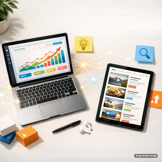 Business owner reviewing content angles and SEO rankings strategy on a laptop
