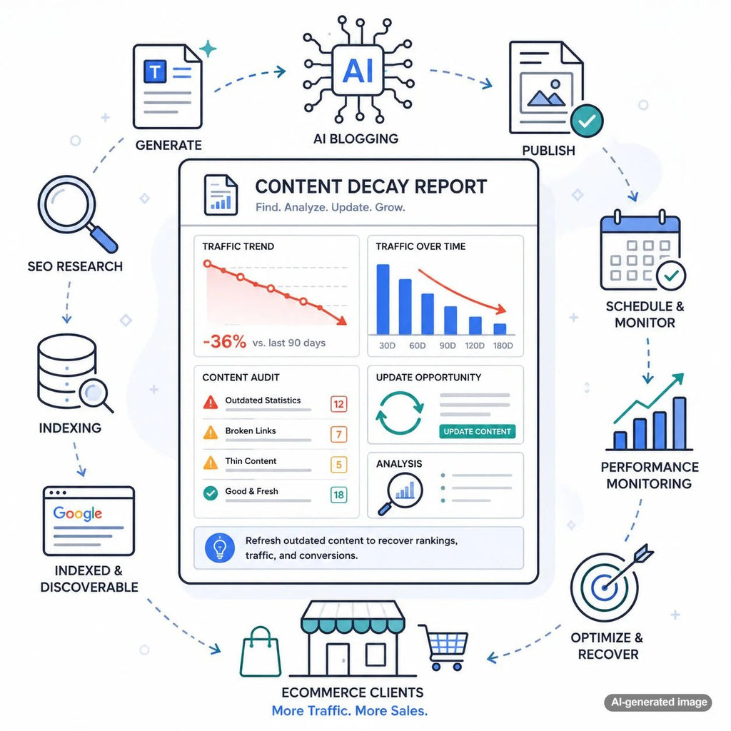 Content decay report dashboard showing declining SEO traffic and ranking recovery opportunities