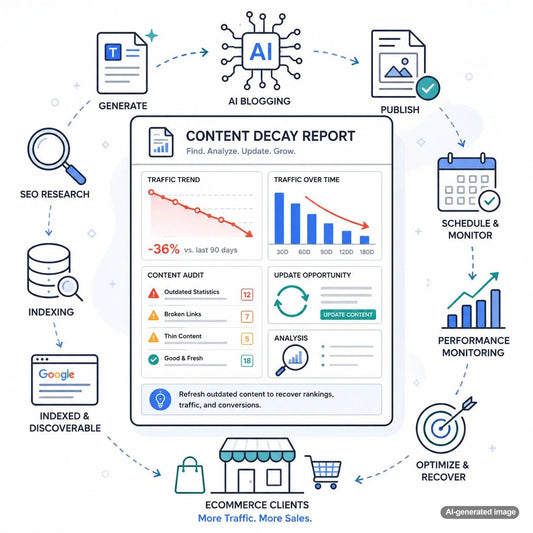 Content decay report dashboard showing declining SEO traffic and ranking recovery opportunities