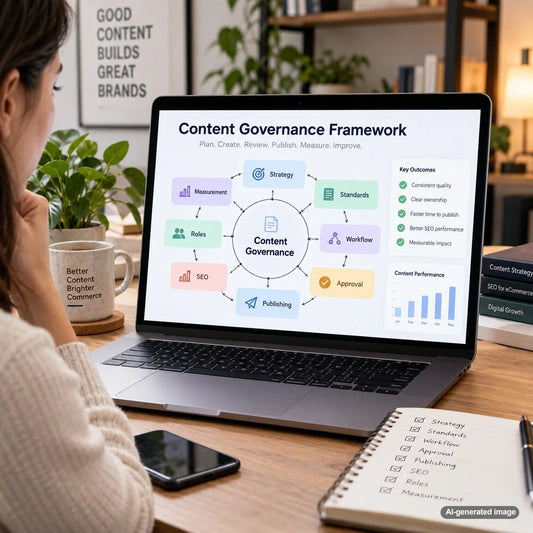 Content governance framework illustrating organized editorial standards, content workflows, ownership, approvals, and lifecycle management