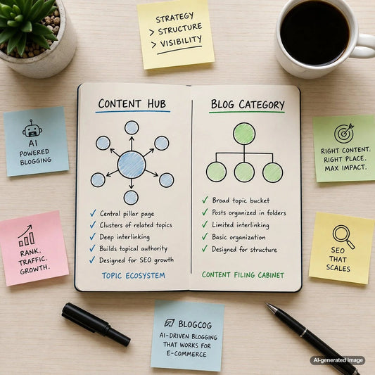 Diagram comparing an organized content hub with a traditional chronological blog category