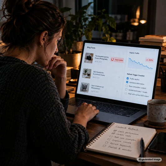 Content refresh trigger concept illustrating SEO performance monitoring, organic traffic trends, and strategic blog content updates