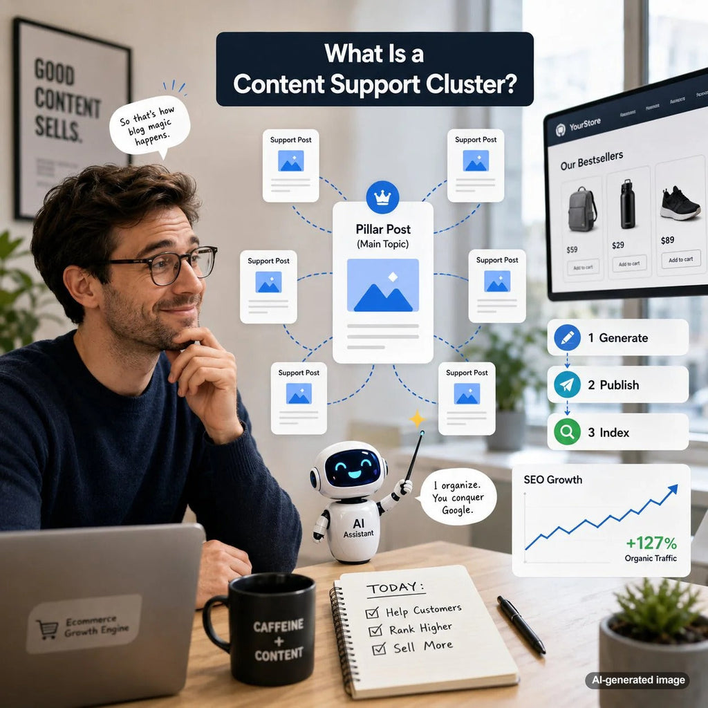 Content support cluster SEO strategy showing connected blog topics around one central pillar page