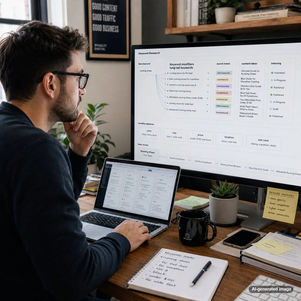 Keyword modifier strategy expanding a broad search term into targeted long-tail SEO phrases