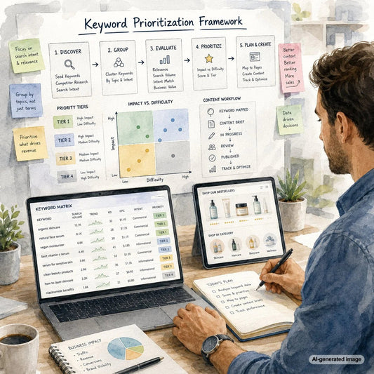 Keyword prioritization framework organizing SEO opportunities by business value, search intent, traffic potential, and ranking difficulty