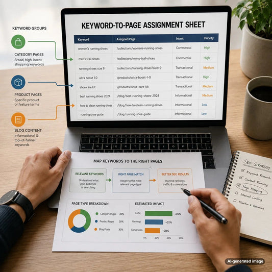 Keyword-to-page assignment sheet showing SEO keywords mapped to website pages for content planning