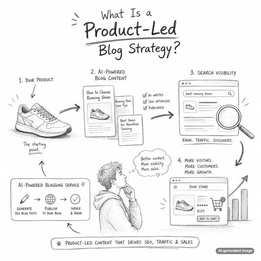 Illustration representing a product-led blog strategy that connects useful SEO content with product discovery and customer growth