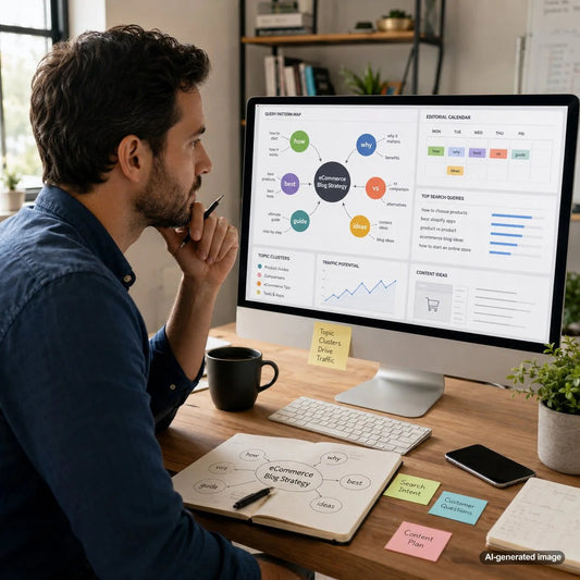 Business owner planning a blog strategy using search query patterns and SEO topic research