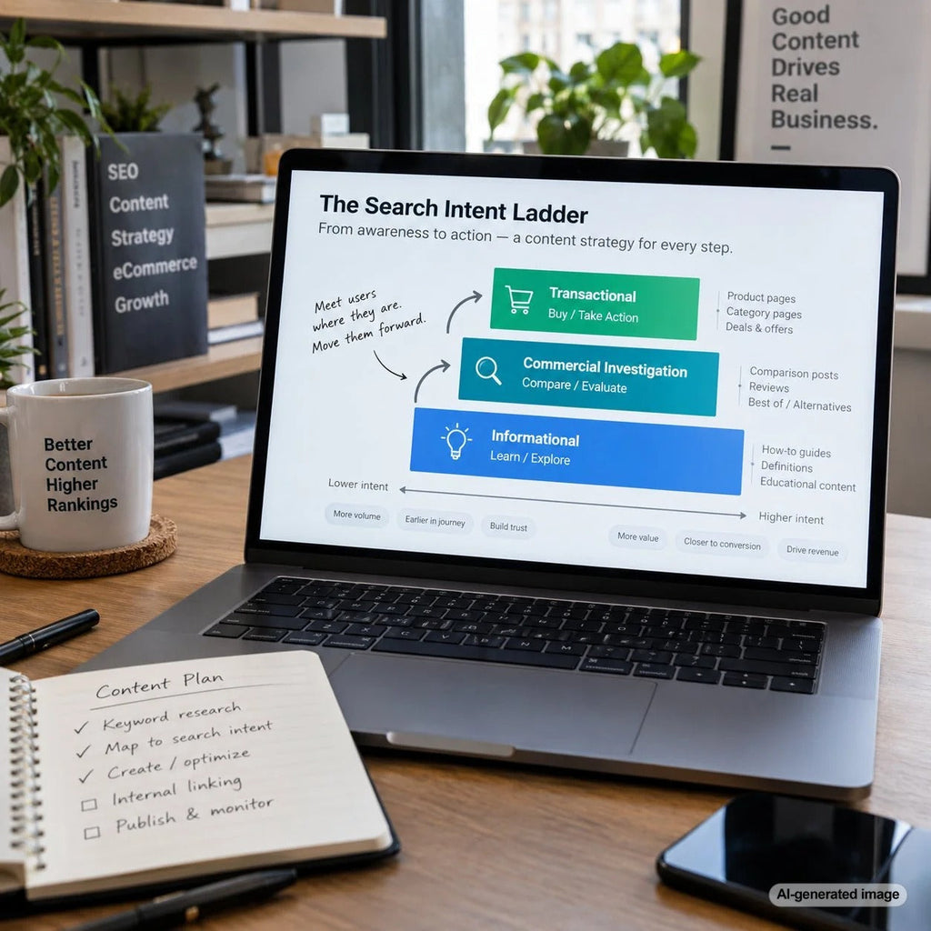 Search intent ladder illustrating how SEO searches progress from informational research to commercial evaluation and action