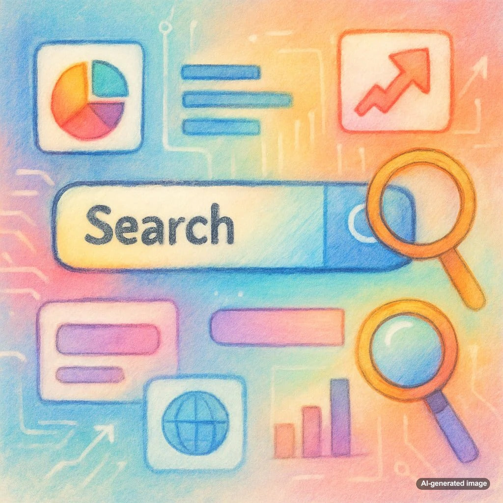 Illustration of a search engine results page with features and listings