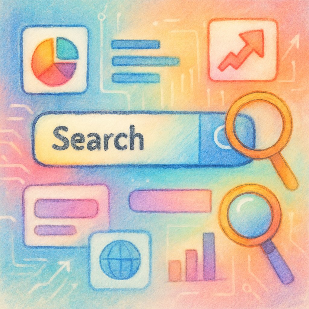 Illustration of a search engine results page with features and listings