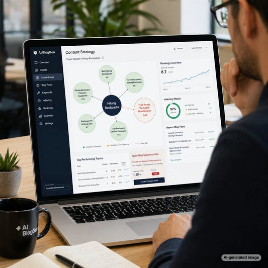 Technical SEO workspace illustrating missing content connections within a topic authority strategy