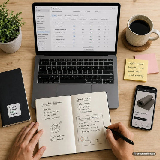 Overhead workspace illustrating zero-volume keyword research and SEO content planning