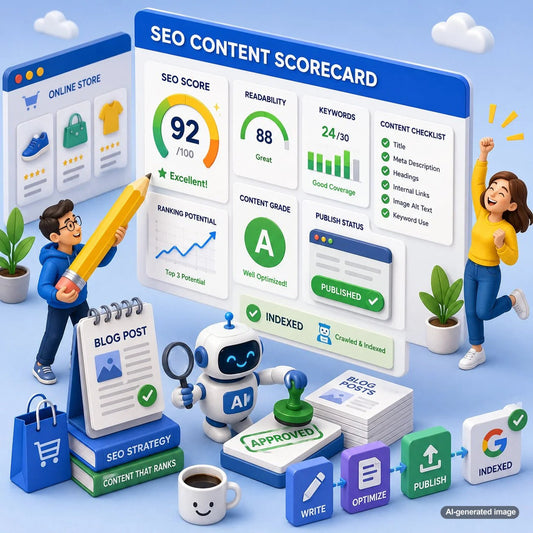 SEO content scorecard dashboard showing content quality metrics, rankings, and optimization priorities for business growth