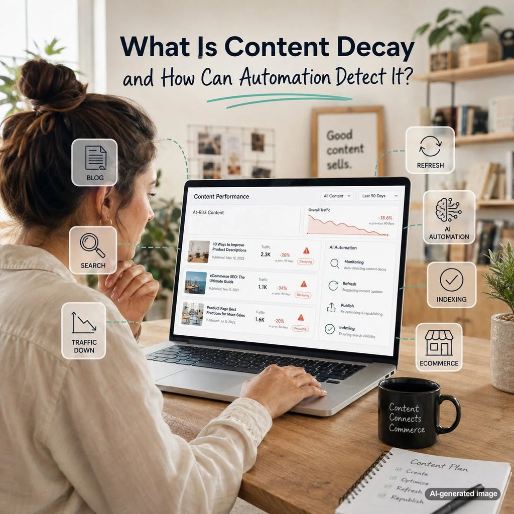 Content decay monitoring dashboard showing declining SEO performance trends and automated detection signals