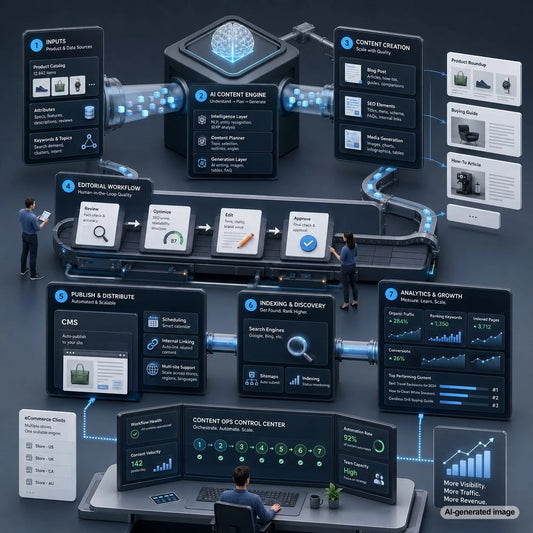 Programmatic content operations workflow illustrating scalable SEO content planning, automation, quality control, publishing, and performance measurement