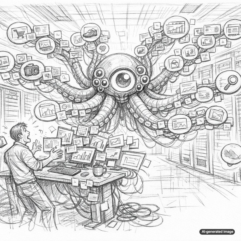 Illustration representing search query fan-out and AI-powered multi-dimensional search optimization