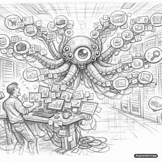 Illustration representing search query fan-out and AI-powered multi-dimensional search optimization