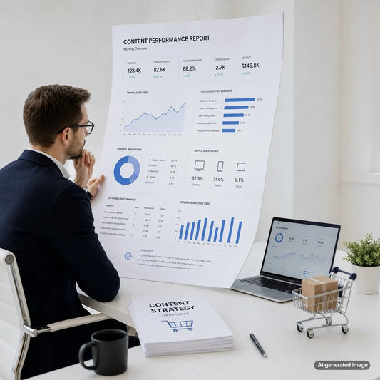 Monthly content marketing report dashboard displaying SEO traffic, search rankings, engagement, conversions, and lead performance metrics