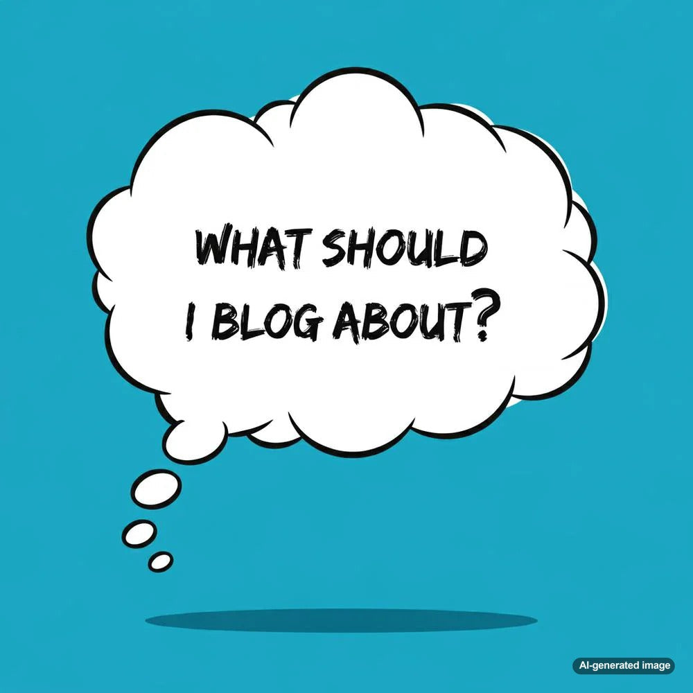 Person brainstorming blog topics with a laptop and coffee