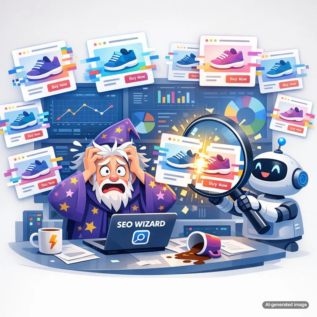 Illustration representing SEO strategy for handling duplicate product descriptions in ecommerce