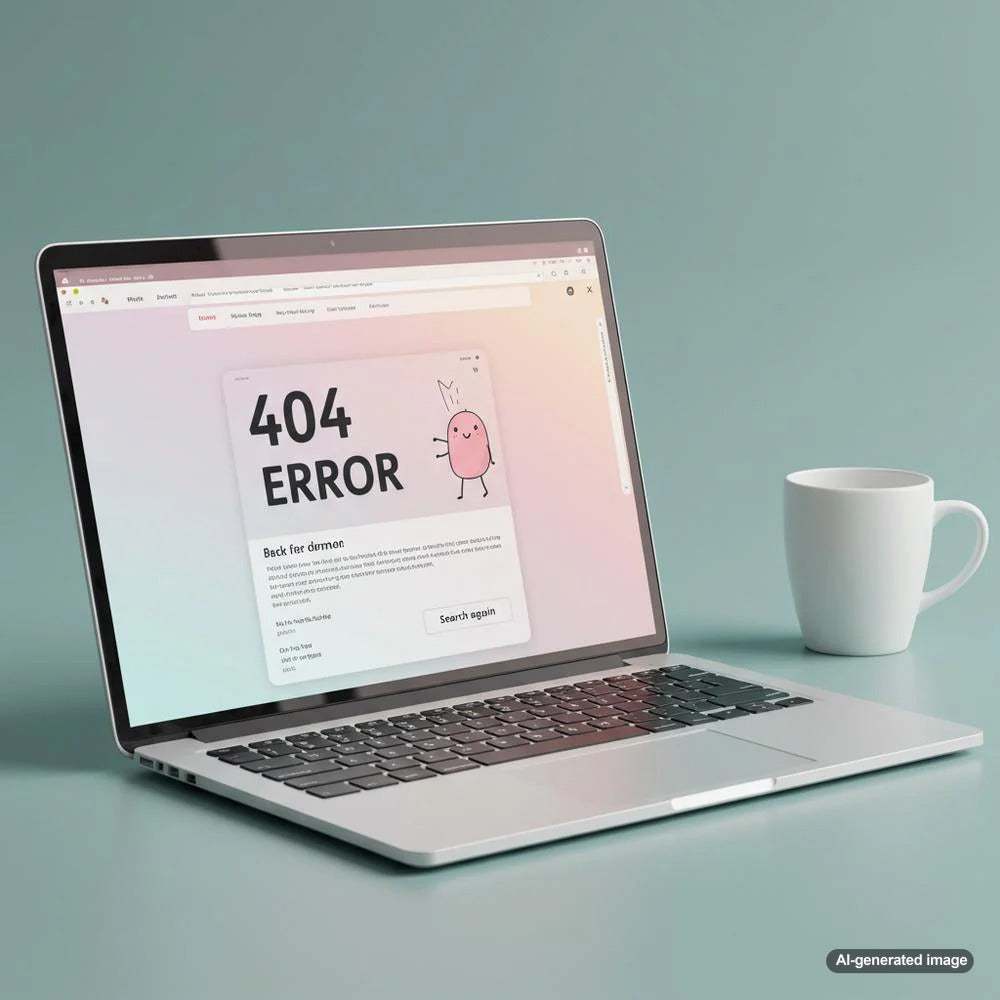 A person looking frustrated at their laptop, encountering a 404 error on a website, symbolizing SEO challenges.