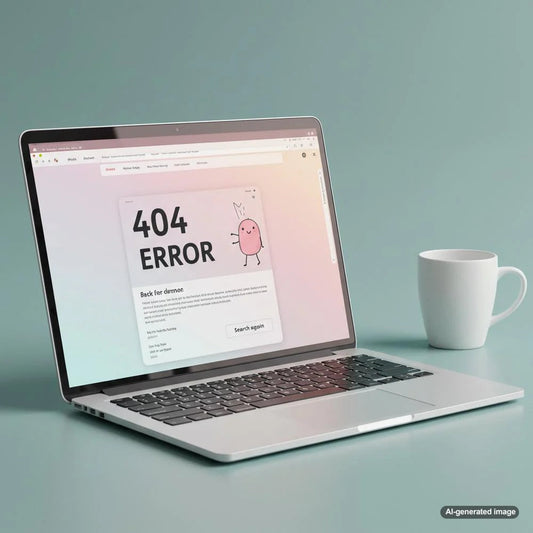 A person looking frustrated at their laptop, encountering a 404 error on a website, symbolizing SEO challenges.