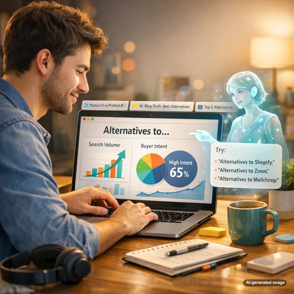 Business owner researching alternatives to keywords for high intent SEO traffic and stronger Google rankings