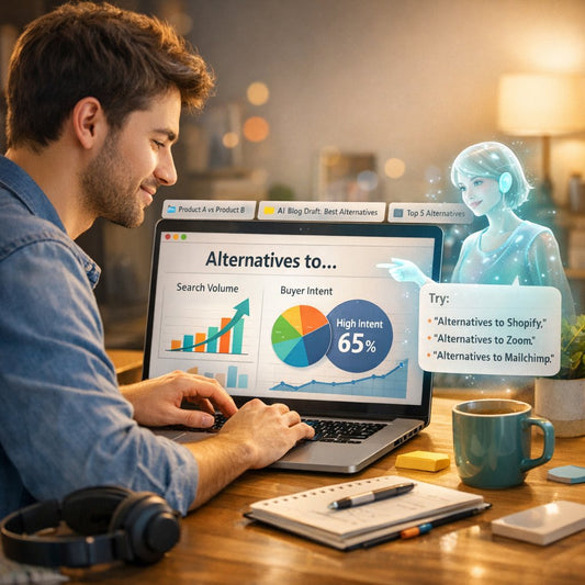 Business owner researching alternatives to keywords for high intent SEO traffic and stronger Google rankings