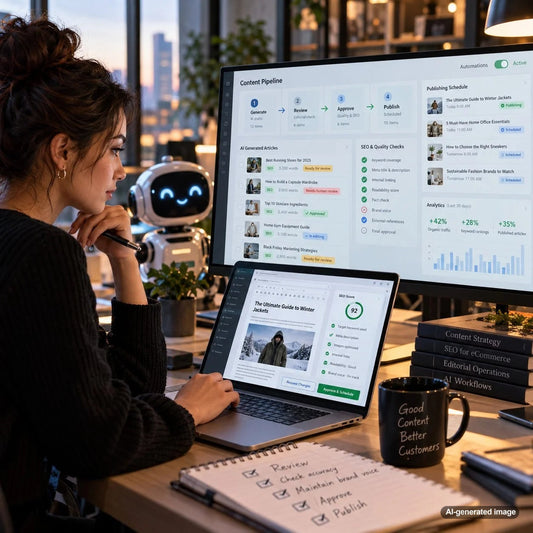 Automated content publishing workflow with governance controls, editorial oversight, and quality review for scalable SEO content