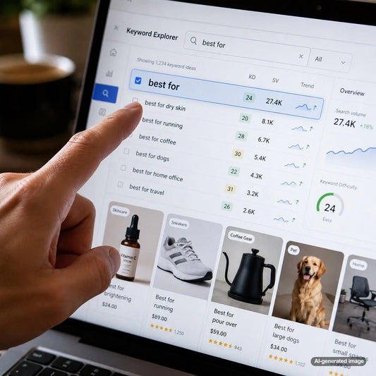 Close up eCommerce SEO concept showing best for keyword research guiding online shoppers to the right products
