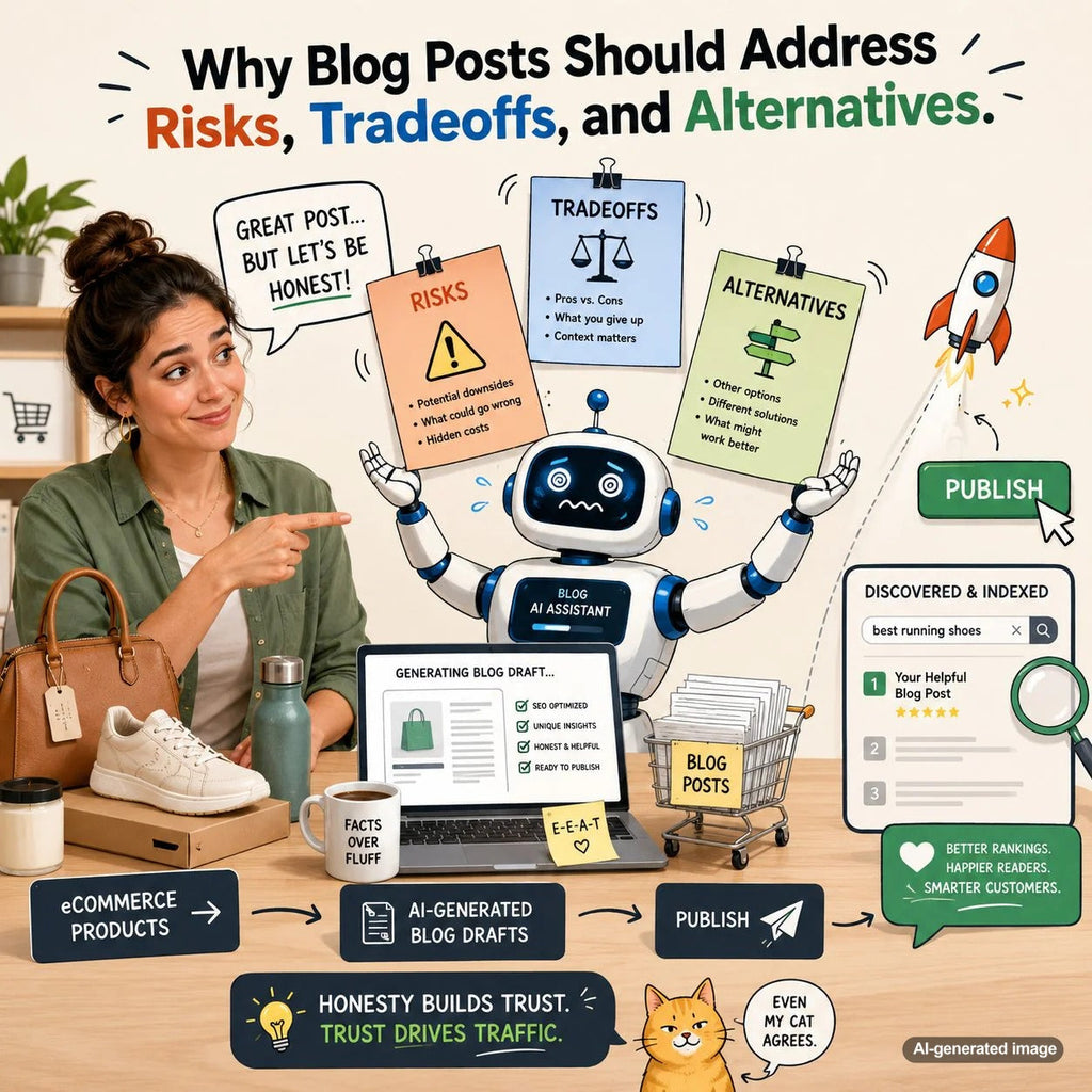 Business blog content strategy showing why posts should address risks tradeoffs and alternatives for stronger SEO trust