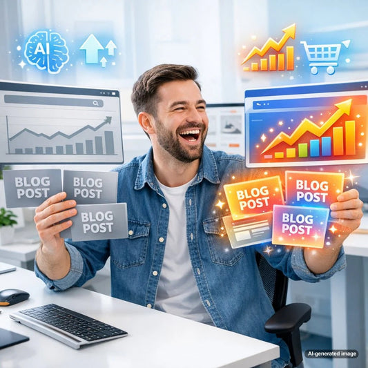 Business owner reviewing Google Search Console data to update blog posts for better search rankings