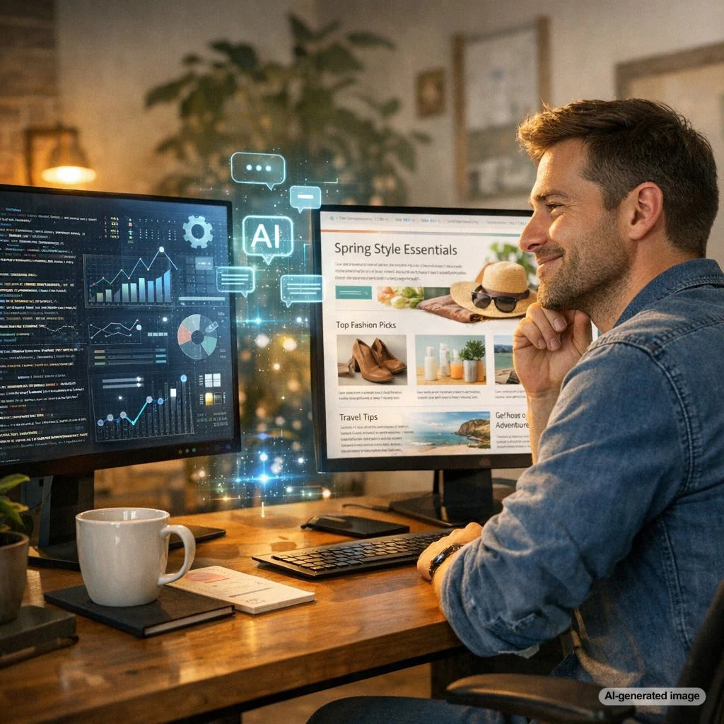 Business owner planning people first blog content that answers searcher intent and improves Google rankings