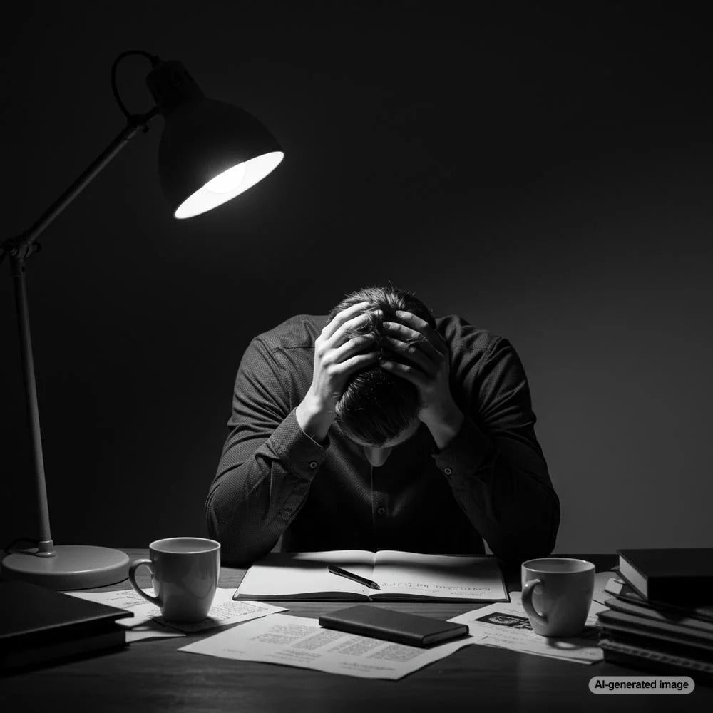 A fatigued blogger taking a break to avoid burnout
