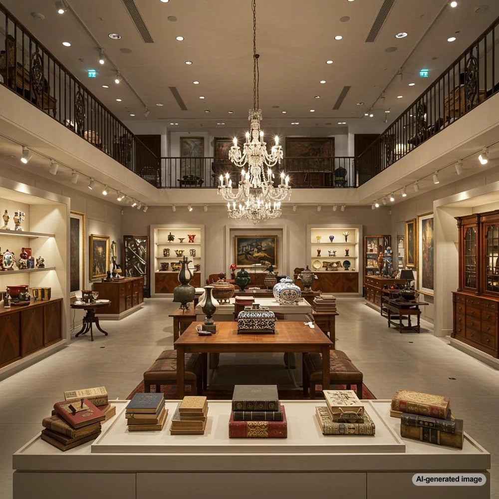 Antique store owner writing a blog about rare finds