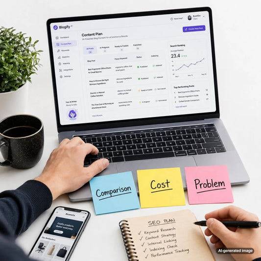 SEO keyword research workspace illustrating comparison, cost, and problem search terms for a business content strategy