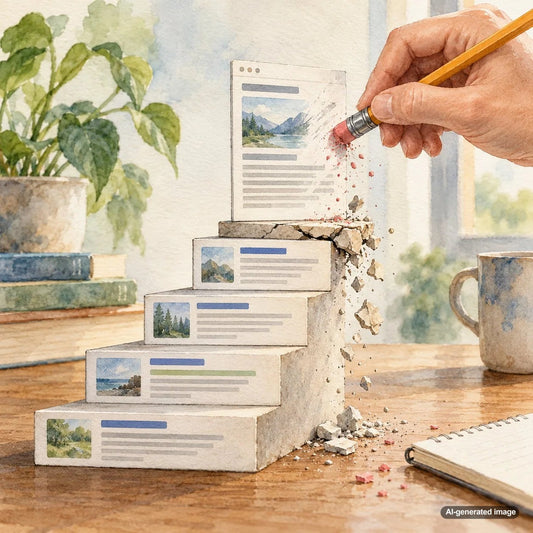 Watercolor illustration representing the risks of repeatedly editing a successful ranking blog article and disrupting established SEO performance