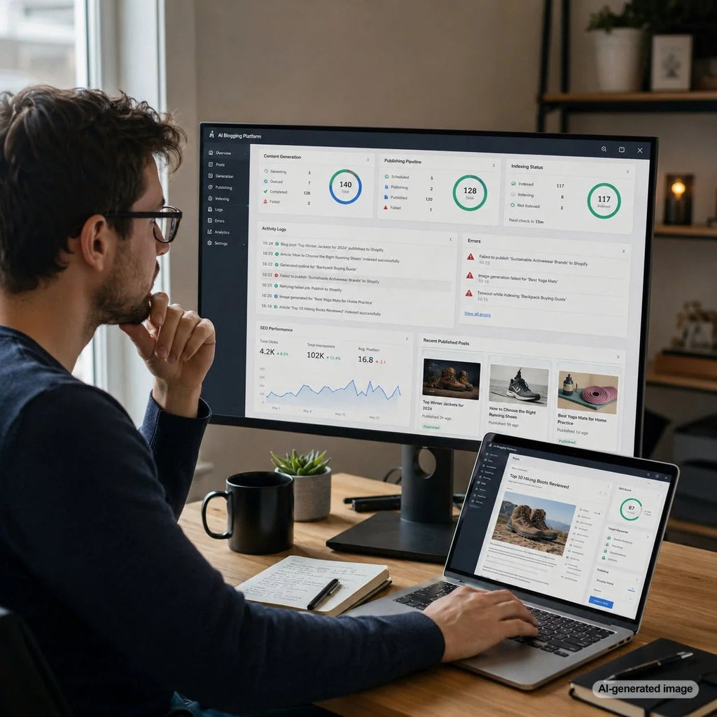 Content automation dashboard illustrating logging, workflow monitoring, and error reporting for reliable automated publishing
