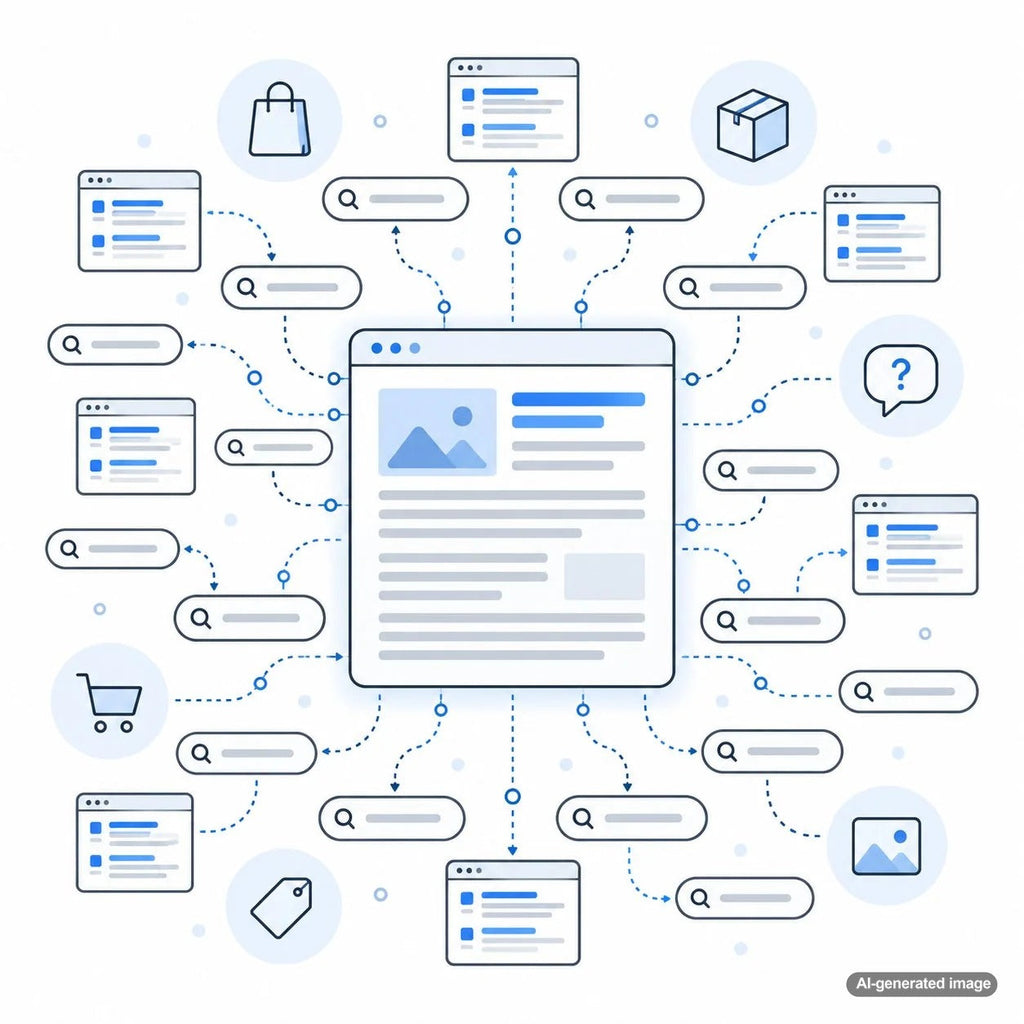 Illustration of one comprehensive blog post appearing for hundreds of related long-tail Google search queries and generating organic search traffic