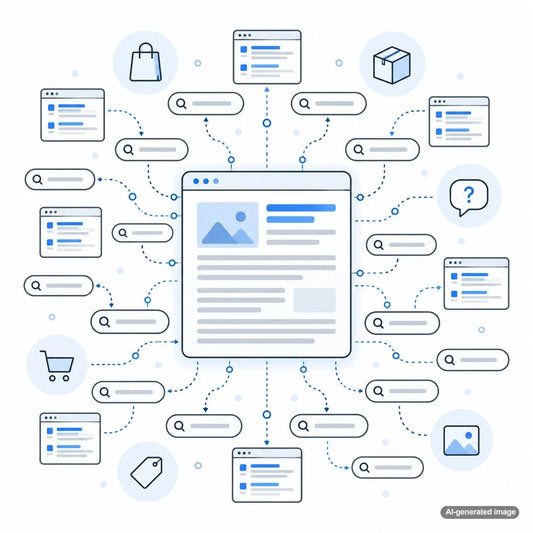 Illustration of one comprehensive blog post appearing for hundreds of related long-tail Google search queries and generating organic search traffic