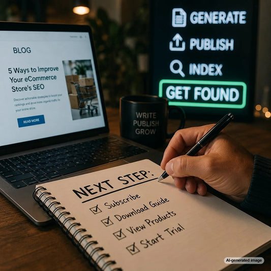 Business owner planning a clear next step and call to action for an SEO-focused blog post