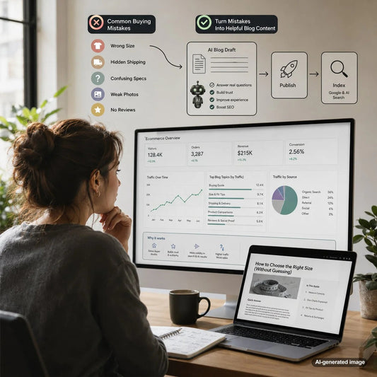 eCommerce business owner reviewing blog content about buying mistakes to improve SEO rankings and customer trust