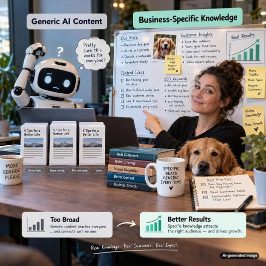 Business team using AI tools alongside company-specific knowledge to create authoritative SEO content