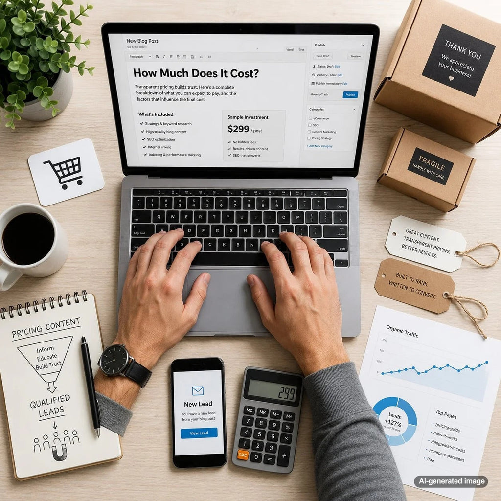 Business owner reviewing cost-focused blog content designed to attract qualified leads through organic search