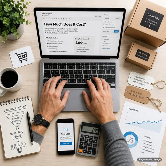 Business owner reviewing cost-focused blog content designed to attract qualified leads through organic search