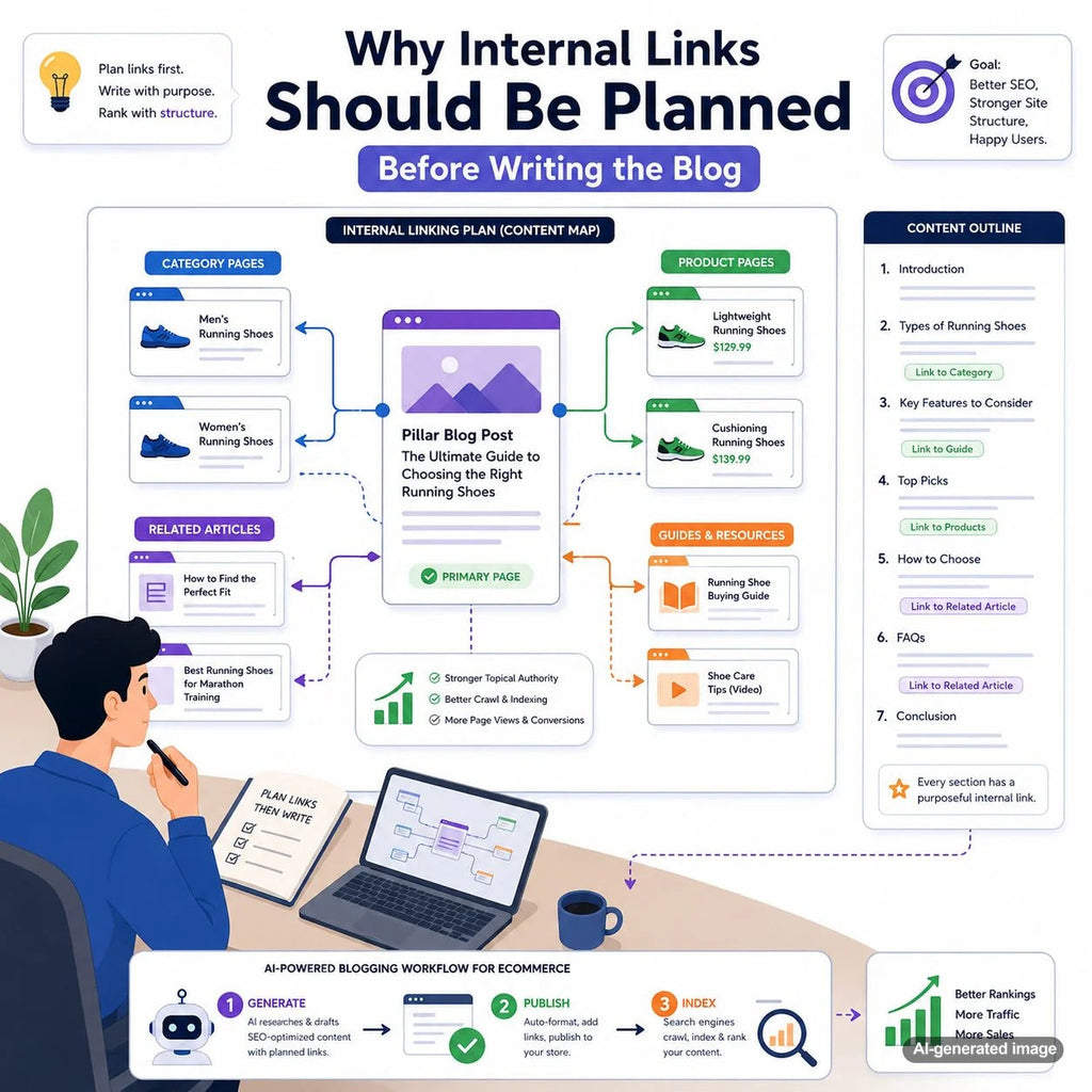 Illustration of a planned internal linking structure connecting related blog posts for stronger SEO and easier website navigation